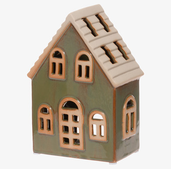 Bild av dekorativ ljuslykta som litet hus i grön keramik