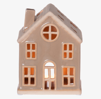 Bild av dekorativ beige ljuslykta i form av keramikhus