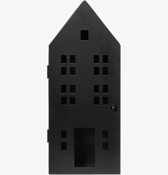 Bild av svart nyckelskåp i husform med fönster och dörrdetaljer