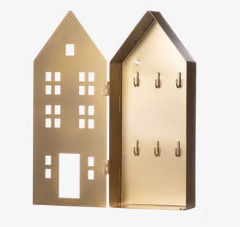 Bild av nyckelskåp i husform med guldton och sex krokar