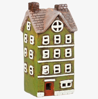 Bild av dekorativt mossgrönt ljushus i keramik med detaljer