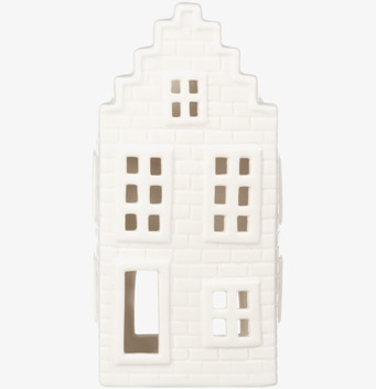 Bild på vit keramiklykta formad som hus med många fönster