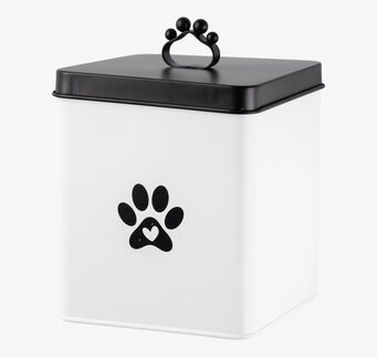 Bild på vit plåtburk med svart tassmotiv och hjärtdetalj