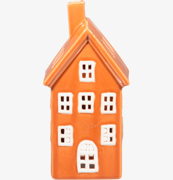 Bild dekorativ ljuslykta keramik hus orange med vita detaljer