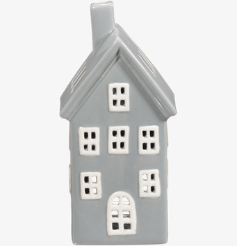 Bild av dekorativ ljuslykta i grå keramik formad som hus