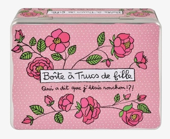 Bild av rosa plåtburk med blommor och fransk text