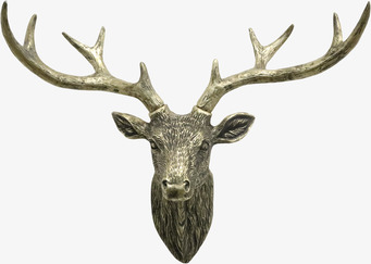 Bild av hjorthuvud i antik mässing – väggdekoration med horn