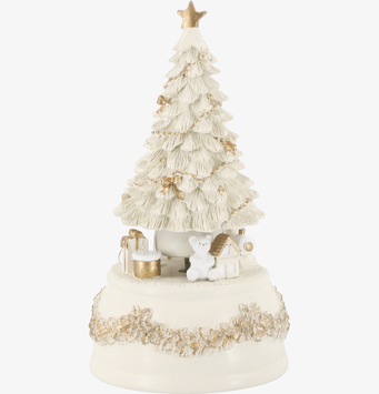 Bild på speldosa med klassisk julgran och detaljer i guld