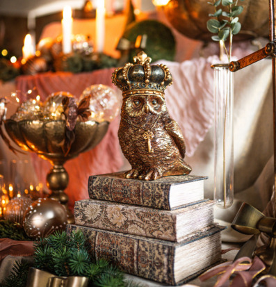 Bild av stämningsfull inredning med uggla, böcker och ljus