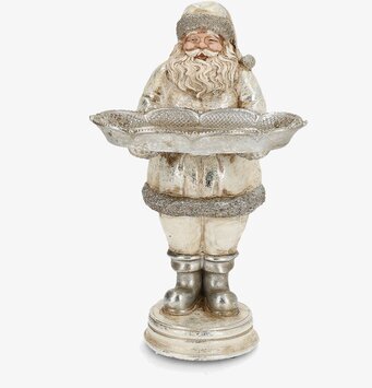 Bild på dekorativ tomtefigur med fat i silver och ljusa toner