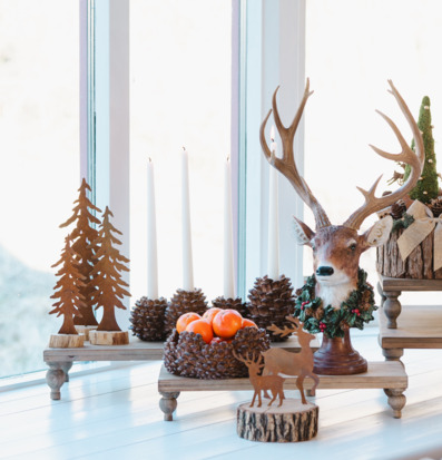 Bild: Naturnära stilleben med hjort, kottar och rustika detaljer