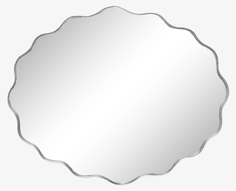 Bild av vågformad väggspegel i rostfritt stål mot vit bakgrund