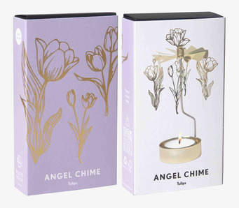 Bild på dekorativt änglaspel med tulpanmotiv i lila och guld