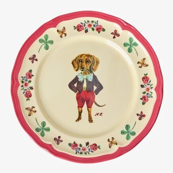 Bild av färgstark assiett med tax och blommor i lekfull stil