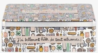 Bild på färgglad plåtburk med lekfullt mönster och etiketter