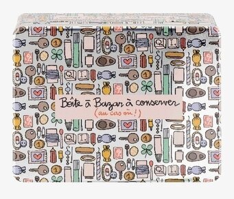 Bild på färgglad plåtburk med lekfullt mönster för förvaring