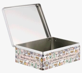 Bild på färgglad rektangulär plåtburk med franska motiv