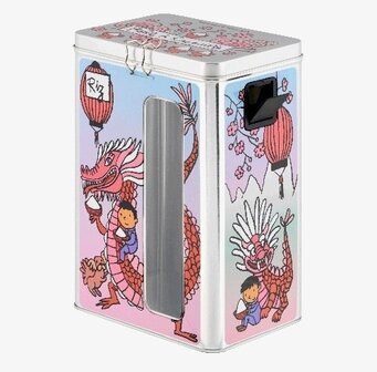 Bild av färgglad plåtburk med asiatisk drake och risdesign