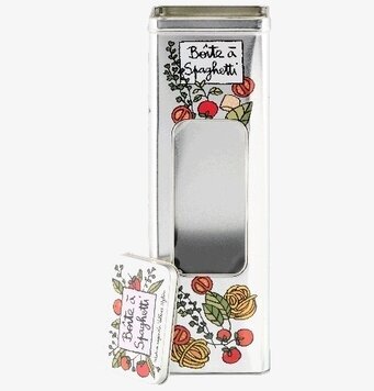 Bild på dekorativ plåtburk för spagetti med fönster och motiv