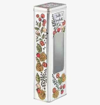 Bild på lekfull och färgglad plåtburk för spagettiförvaring