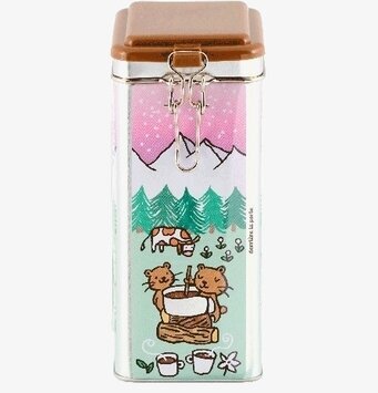 Bild på lekfull plåtburk med tigrar och färgstarkt motiv