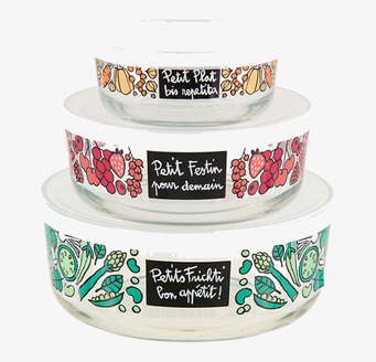 Bild på stapelbara glasburkar med färgglada lock och motiv