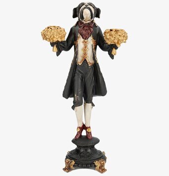 Bild av unik ljusstake med bulldog i 1700-talskläder och guld