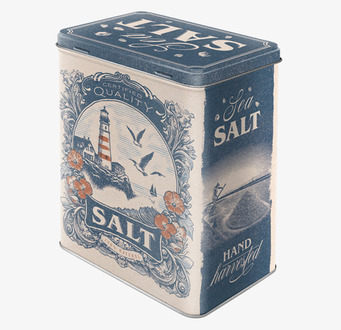Bild på dekorativ plåtburk för salt med fyr och havsmotiv