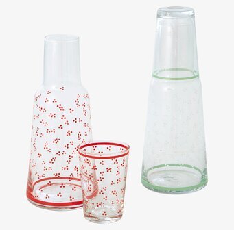 Karaff med dricksglas från Rice, två färgglada uppsättningar