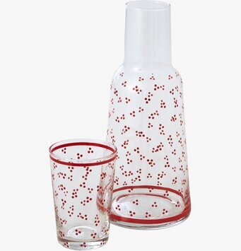 Karaff med dricksglas från Rice, dekorerad med röda prickar