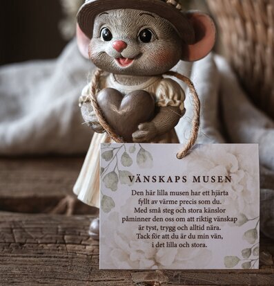 Foto av musfigur med hjärta och vänskapskort på träyta