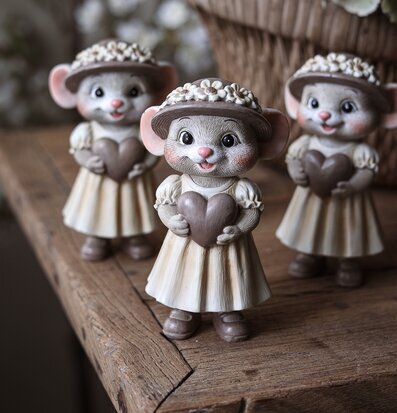 Foto: Tre musfigurer med hjärtan på träbordet