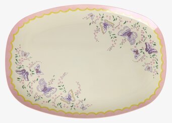 Foto: Oval melamintallrik med fjärilar, rosa kant