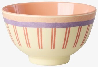 Foto: Liten randig skål krämvit med lila kant
