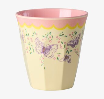 Foto: Melaminmugg med fjärilar, rosa kant, gul bård