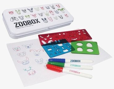 Zoobox från Worldwide co i plåtask med stenciler och färgpennor