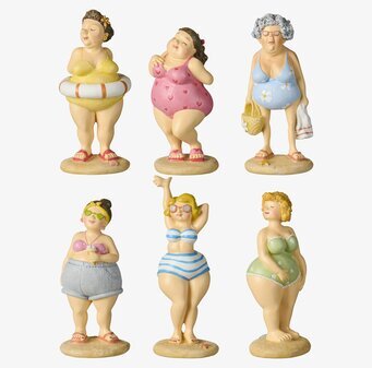 Bild: Sex strandfigurer i baddräkt med accessoarer