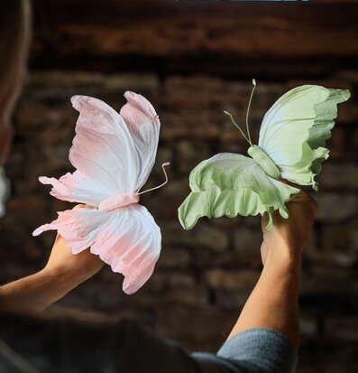 Foto: Handhållna dekorationsfjärilar i rosa och grönt