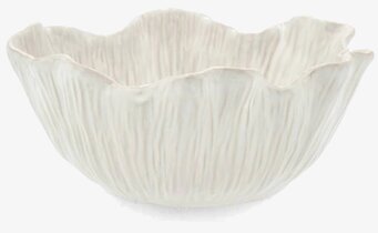 Foto: Vit räfflad skål med vågig kant på vit bakgrund