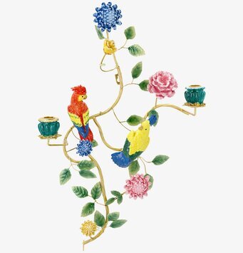 Foto: Väggdekoration med fåglar, blad och ljuslyktor