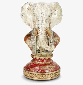 Foto av elefantbyst i rött och guld på vit bakgrund