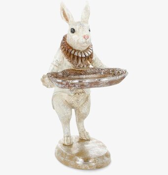 Foto: Kaninfigur med fat på piedestal, patinerad yta