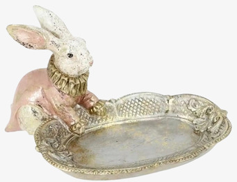 Foto: Prydnadsfat i silver med kaninfigur i rosa jacka