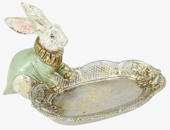 Foto: Kaninfigur på dekorativt ovalt fat i patina