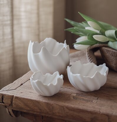 Foto: Stilleben med vita äggskalskålar och tulpaner