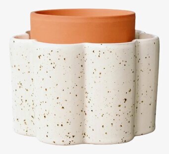 Foto: Spräcklig offwhite självvattnande kruka, terrakotta