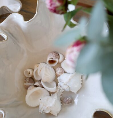 Foto: Keramikskål med snäckor på träbord, kustkänsla