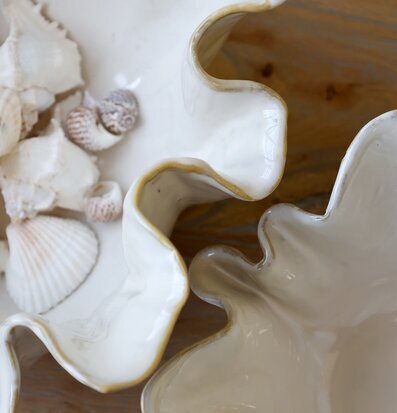 Foto: Vågformade vita skålar med snäckor på träbord