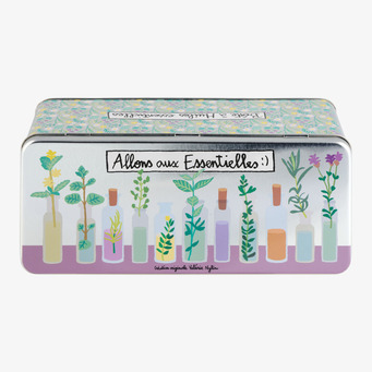 Foto: Plåtburk med flaskor och botanisk illustration