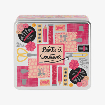 Foto: Plåtburk med sytema och collageillustration